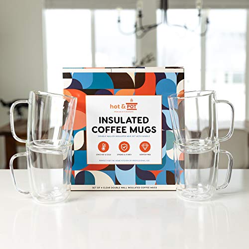 HOTPOT Double Walled Glass Coffee mugs set of 4 clear Coffee cups.12 oz
