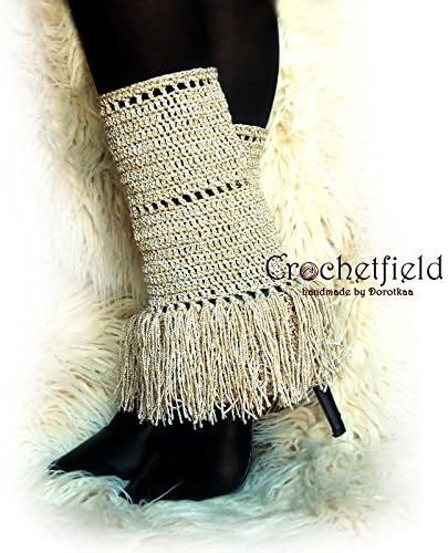 Beige Fringe Leg warmers, boot cuffs, boot socks, Crochet Dance Ballet Leg Warmers, fitness boot socks, flower leggings