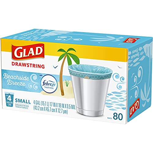 Glad Small Kitchen Drawstring Trash Bags 4 Gallon Green Trash Bag, Febreze Beachside Breeze, 80