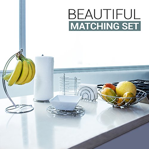 Kitchen Set 6pc | Fruit Basket, Banana Holder, Utensil Holder, Napkin Holder, Trivet & Paper Towel Dispenser - Double Coated Chrome Finish Collection for Countertop Table Decor | Heat Resistant Tool - Thumbnail 2