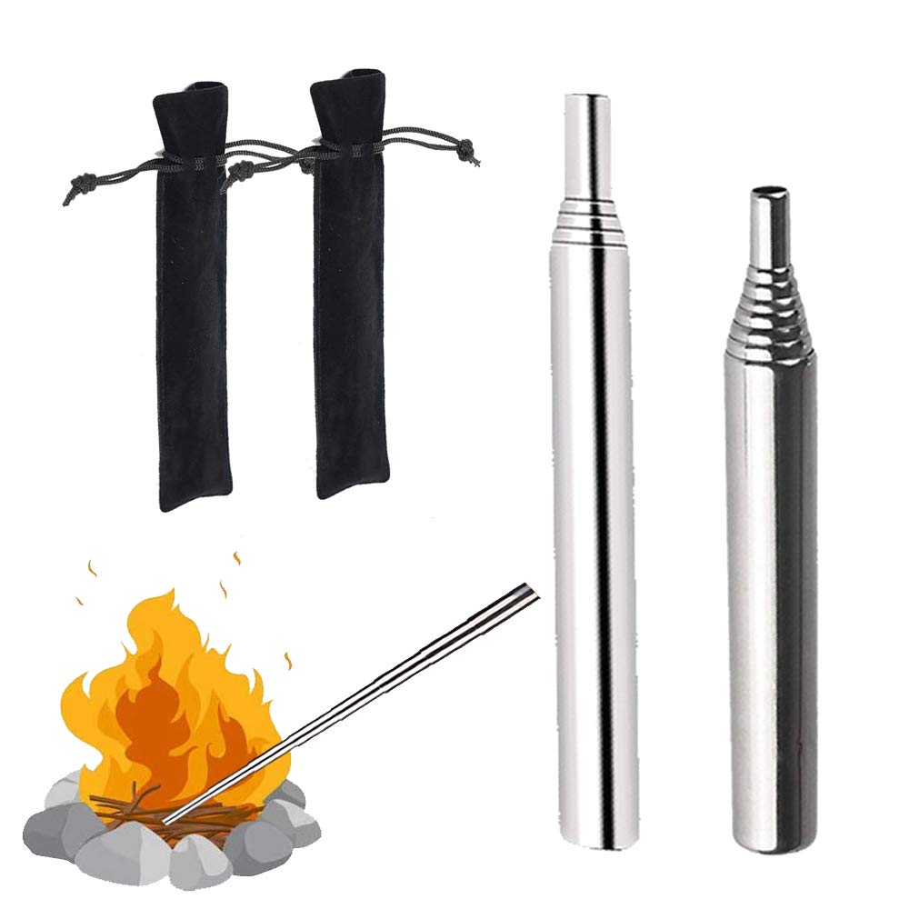 Youery 2 PCS Telescopic Blow Fire Tube, Collapsible Blow Fire Tube, Stainless Steel Blower Pipe Silver Gear Bellows, Section Blowpipe for Outdoor Survival, Camping, Barbecue, Picnic
