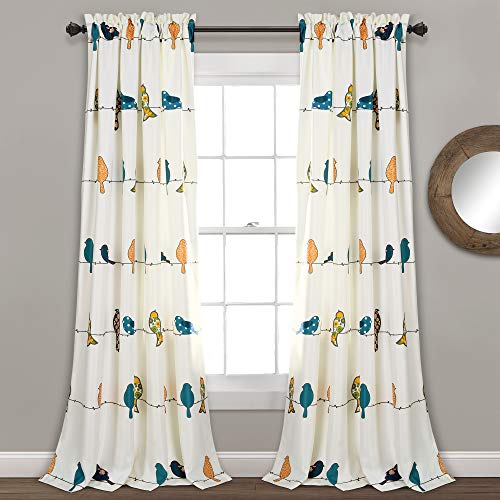 Lush Decor Rowley Birds Light Filtering Window Curtain Panels, Pair, 52 W x 84 L, Multi - Colorful Floral Print - Whimsical & Playful Bird Curtains For Bedroom, Living Room, Or Dining Room