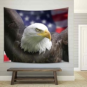 Bald Eagle with American Flag, Focus on Head (Clipping Path) - Fabric Wall Tapestry Home Decor - 51x60 inches