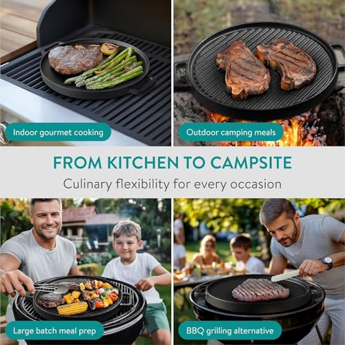 Double-Sided Cast Iron Griddle Pan, Non-Stick Pre-Seasoned Cast Iron Skillet BBQ Grill Plate, 30cm Non-Stick Griddle Pan with Handles for Gas Electric and Oven Safe, Round