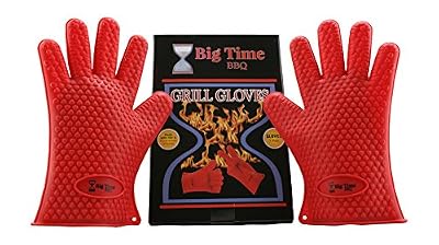 Big Time BBQ Silicone Heat Resistant Barbecue Grill Gloves and Oven Mitts With Fingers Perfect For Grilling Kitchen Cooking Baking Smoking Meat - Waterproof & Dishwasher Safe Non Slip Grip Potholders