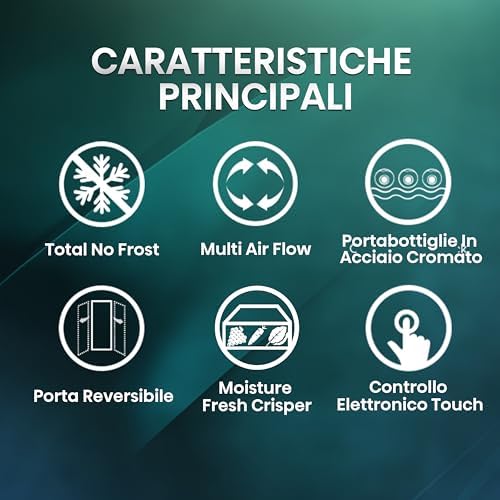 MC60331IE Frigorifero Combinato, Libera installazione, Total No frost, Ventilazione MultiFlow, Doppia porta reversibile, Inox, Altezza 200 cm, Cap. 336 litri, Controllo Touch, Classe E