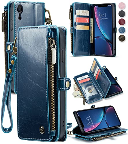 Defencase Compatible with iPhone XR Case Wallet with Card Holder for Women and Men, PU Leather Magnetic Snap Flip Zipper Strap Wallet Phone Case Fit for iPhone XR 6.1", Luxury Blue