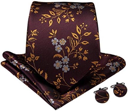 Classic Red Golden Floral Men Gifts Tie Clip 100% Silk Ties Hanky Cufflinks Tie