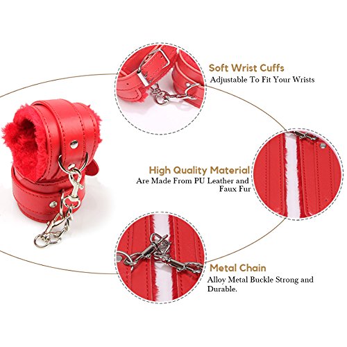 PU Leather Fake Handcuffs Soft Wrist Cuffs For Women Men Adult Play(Red)