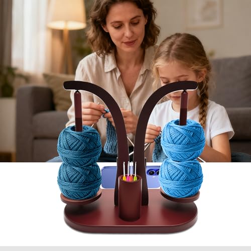 Wooden Crochet Ball Holder, Double Rod Wool Unwinder, Magnetic Wool Reel Holder with Storage Box for Knitting Accessories and Mobile Phone Holder (Retro Colour)
