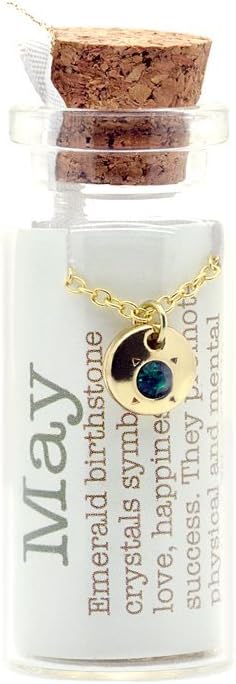 Lucky FeatherCrystal Birthstone Necklace Message in a Bottle Pendant for Women and Girls, 14K Gold Dipped with Adjustable Chain Birthstone Necklace