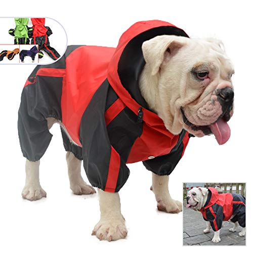 Lovelonglong American Bully Pitbull Dog Hooded Raincoat, Bulldog Rain Jacket Poncho Waterproof Clothes with Hood Breathable 4 Feet Four Legs Rain Coats for Pugs English French Bulldog Red B-S