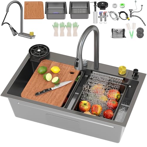 SKM-MX Fregadero de Cocina Acero Inoxidable 68x45cm, Tarja Lavabo con Grifo en Cascada, Lavavasos, Cesta de Drenaje, etc., Negro