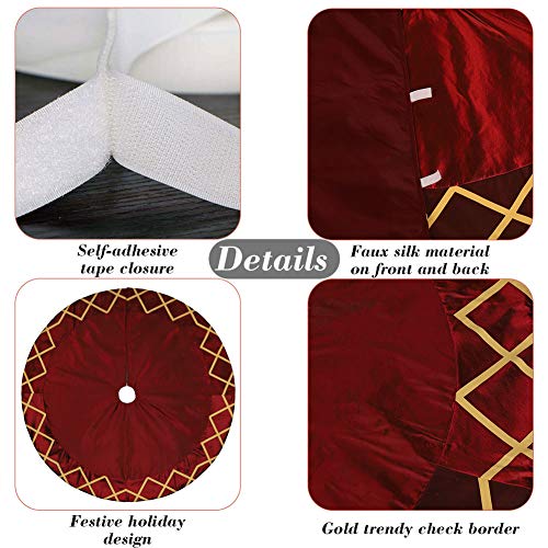 ExcMark 48 inch Burgundy Christmas Tree Skirt with Gold Plaids and Check Trim
