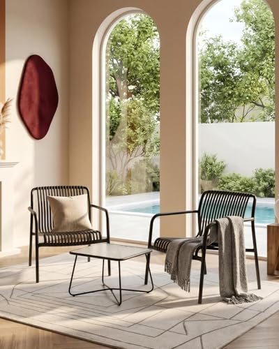 HariNorgen 3 Piece Patio Bistro Set Indoor Conversation Set Outdoor Garden Balcony 2 Large Black Plastic Armchairs & Square Glass Top Coffee Side Table,Black