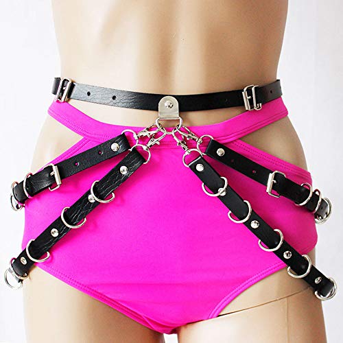 Adjustable Elastice 2 Rows Leather Leg Harness Garter Belt Punk Gothic Thigh Ring Garter (Black 5 with Waist Belt)