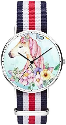 Men's women's Stainless Steel Silver Classic Quartz Unicorn Painting Watch Nylon Replaceable Multi-Color Striped Nylon Band, Under 20 Dollar Amout