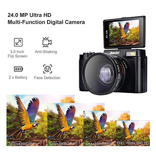 Digital Camera, AMKOV R2 Vlogging Camera 24 MP Point and Shoot Selfie Camera 1080P Camcorder with Wide Angle Lens, UV Filter, 4X Zoom, 2 Rechargeable Batteries, Flip Screen, Retractable Flashlight