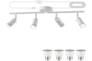 vivihobb Dimmable Plug in Track Light White 4 Light Plug in Ceiling Lighting Fixture with 16.4' Long Cord,4 Way Ceiling Spotlight,Rotatable Wall Mount Light Head,LED dimmable Spot Bulbs Included
