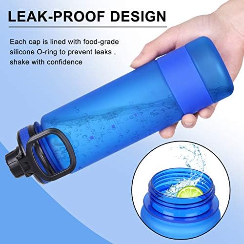 Blue plastic water bottle with a flip lid, day marker, and spout, priced at $9.99.