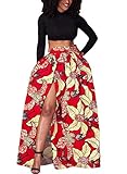 Lovezesent Women's African Floral Printed High Split Maxi Skirt Large Red