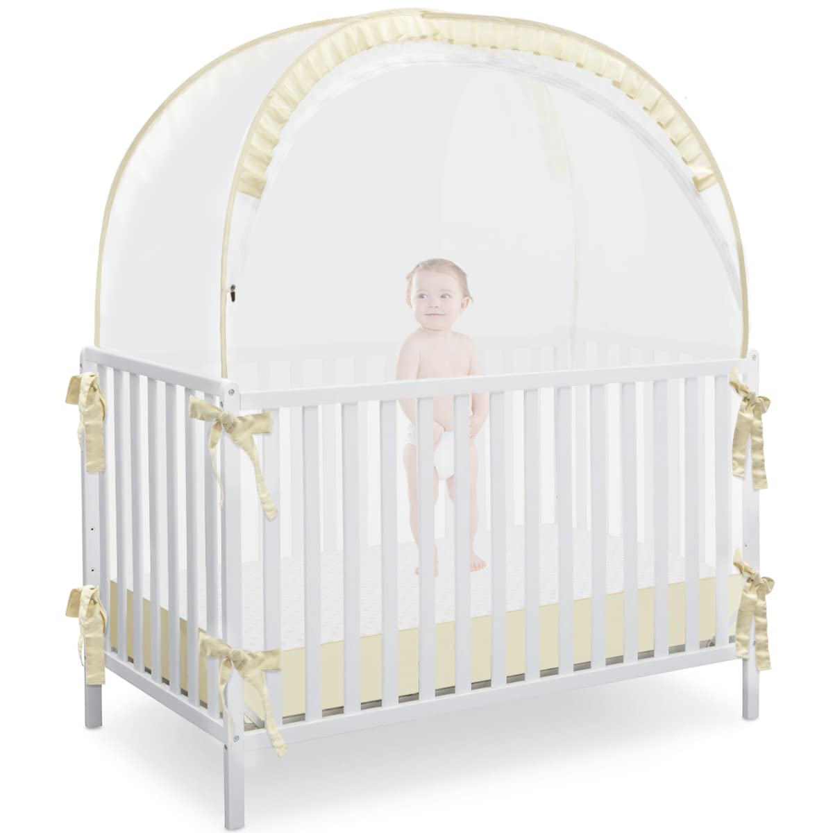 Photo 1 of L RUNNZER Baby Safety Crib Tent, Pop Up Canopy for Crib to Stop Baby from Climbing Out, Infant Mesh Cover Mosquito Net with Sturdy Frame & Soft Mesh, Beige, (R07-beige)