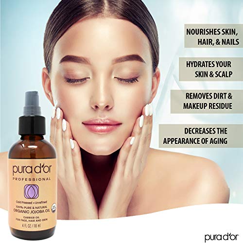 PURA D'OR Organic Golden Jojoba Oil (4oz) USDA Certified Premium Grade - 100% Pure & Natural Moisturizer - Cold Pressed, Unrefined, Hexane Free Base Carrier Oil for DIY Skin Care, Hair, Face & Nails