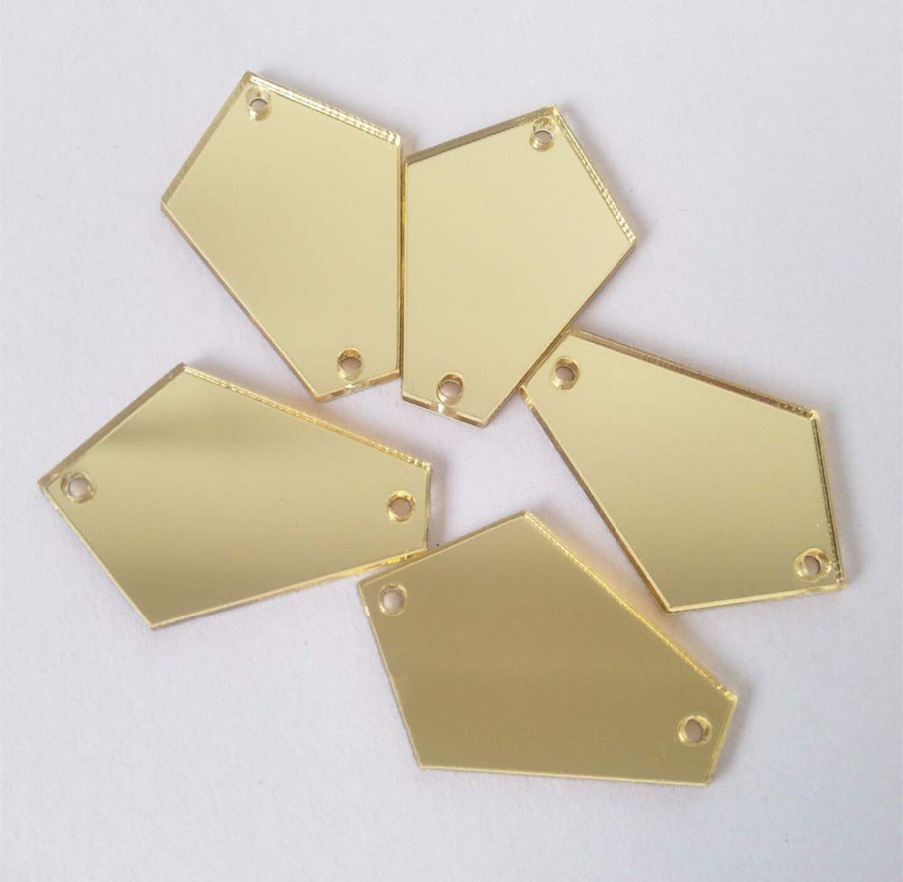 50PCS Mirror Sew on Rhinestones, Flatback Acrylic Sew-on Stone for Dress Garment Decortaion (Gold, 25x15mm)