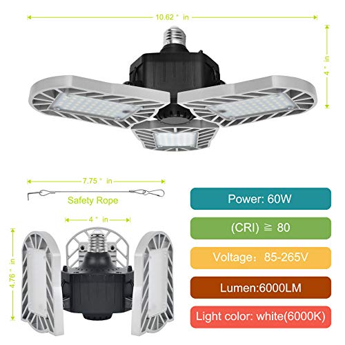 LED Garage Ceiling Lights Deformable LED Garage Lights, 60W 6000LM E26 Base Triple Glow, 6000K Ultra Bright Grey Garage Led Light, for Basement Workshop Warehouse, 2 Pack