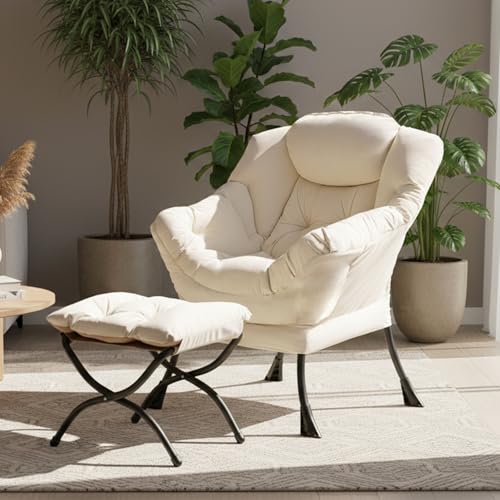 Tiita Lazy Chair with Ottoman, Beige Modern Large Accent Chair, Comfy Leisure Sofa Armchair with Ottoman, Reading Chair with Footrest for Bedroom, Living Room, Dorm Rooms, Velvet Beige