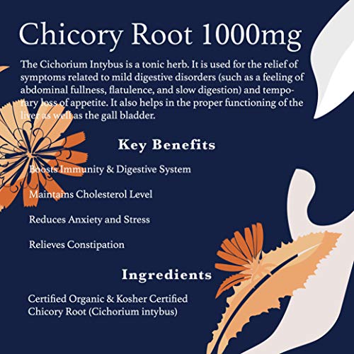 Chicory Root Fiber Supplement 1000 mg, Certified Organic Chicory Root Capsules (Cichorium Intybus), Inulin Supplement 110 Fiber Pills