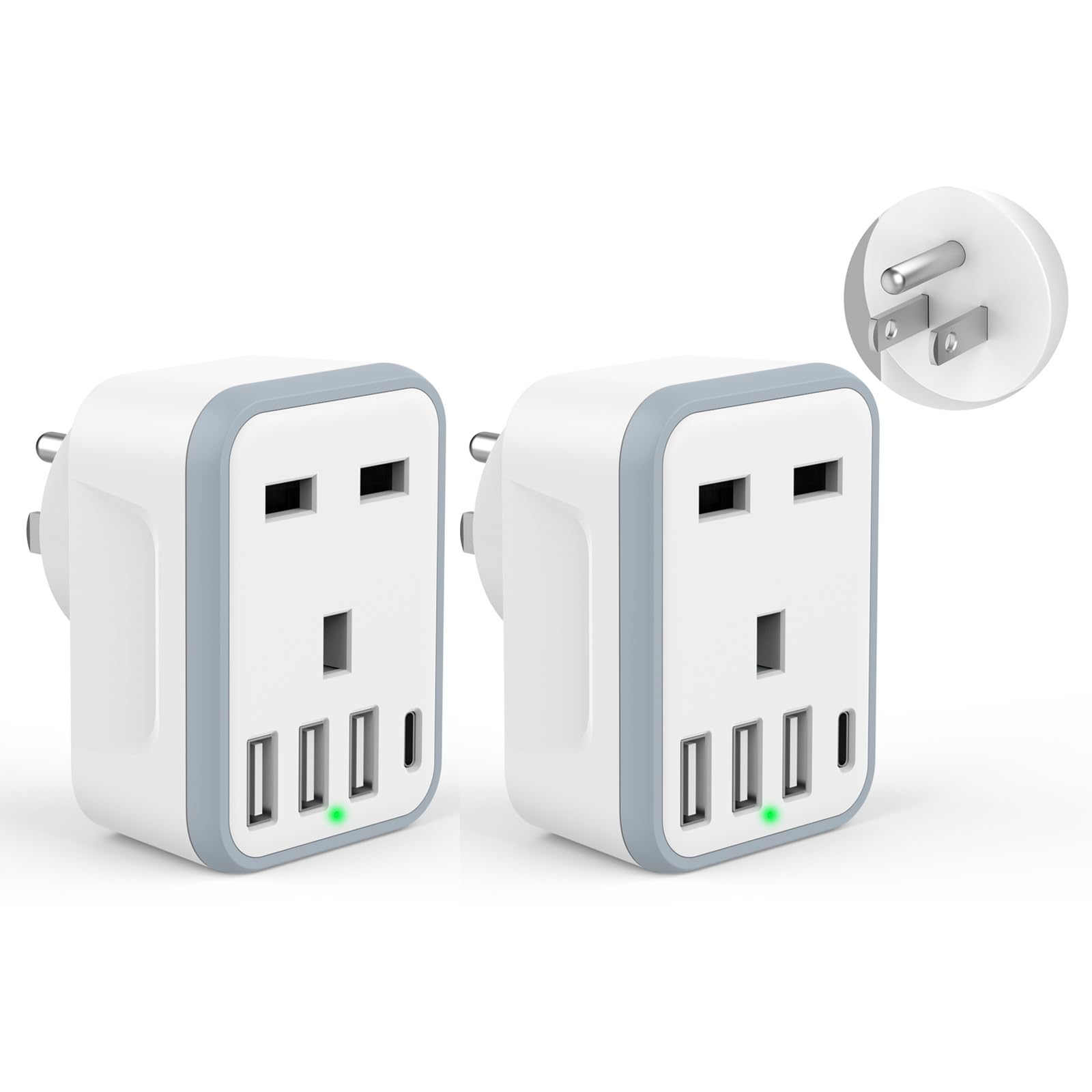 Loydia UK to US Plug Adaptor, 2 pack USA Travel Adapter with 3 USB &1 USB C Ports, 5 in 1 US Plug Adapter from UK to USA, Canada, Thailand, Mexico, Colombia (Type B)