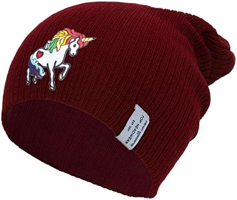 Rainbow Unicorn Long Rib Beanie - Burgundy