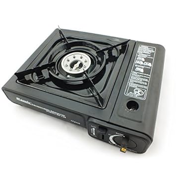 Rsonic Schwarz Gaskocher mit Alu kochfeld + 4x Butan gas kartuschen ? geeignet für für Garten, Terrasse, Picknick, Ersatz Ofe