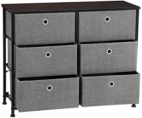 Songmics 3Tier Wide Dresser Storage Unit With 6 Easy Pull Fabric Drawers Metal Frame And Wooden Tabletop For Closet Nursery Hallway 315 X 118 X 248 Inches Gray Ults23G
