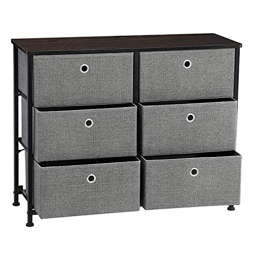 Songmics 3Tier Wide Dresser Storage Unit With 6 Easy Pull Fabric Drawers Metal Frame And Wooden Tabletop For Closet Nursery Hallway 315 X 118 X 248 Inches Gray Ults23G