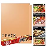 QMinus BBQ Mat Copper Grill Mat Set of 2 - Non-stick BBQ Grill & Baking Mats - FDA Approved, PFOA Free, Reusable and Easy to Clean - Works on Gas, Charcoal, Electric Grills - 15.75 x 13 inches