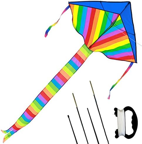 Kids Large Rainbow Delta Kite - One of the Best Outdoor Toys for Summer Beach Fun, Durable Easy Flyer Comes with Kite Reel Rods and Happy Family Time
