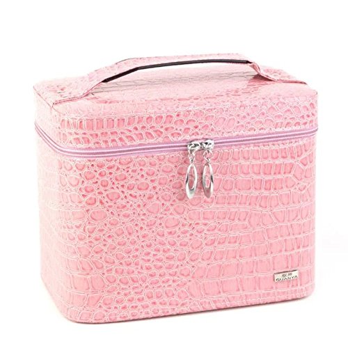 Garrelett Jewelry Trinket Cosmetic Box Large Capacity Faux Alligator Leather Make-up Case Organizer with Mirror for Women Girls (Pink)