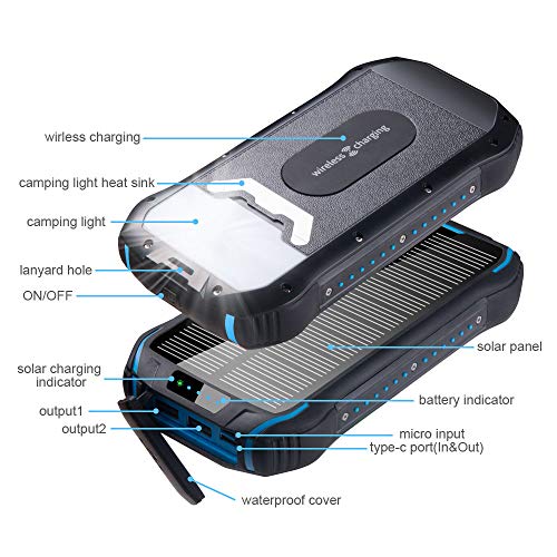 Solar Charger 26800mAh Qi Wireless Portable Solar Power Bank External Backup Battery with 4 Outputs & Dual Inputs Type-C Huge Capacity Phone Charger for Smartphones, 18LED Flashlights for Outdoor