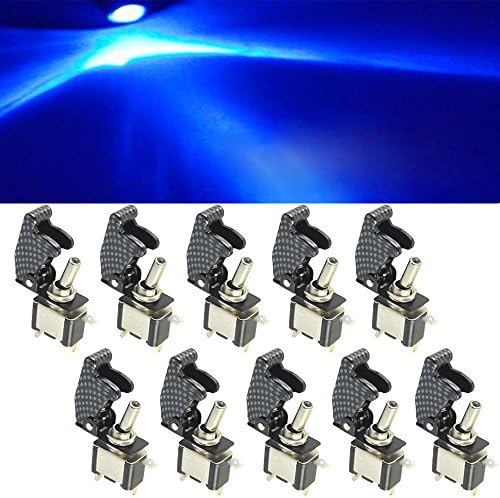 HOUTBY 10Pcs 12V 20A Blue LED Light Lamp Rocker Toggle Switch Carbon Fiber Racing ON/OFF Car Vehicle