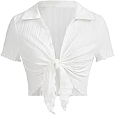 Milumia Women Tie Front Crop Tops Sexy Deep V Neck Y2k Going Out Rave Shirts