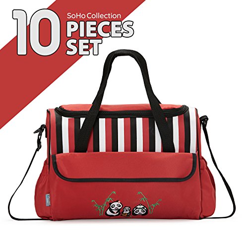SoHo diaper bag Panda Family 10 pieces set nappy tote bag large capacity for baby mom dad stylish insulated unisex multifunction waterproof includes changing pad stroller straps Red