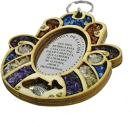 Decorative Wooden Hamsa Pendant Blessing For Home In Spanish And Protection Against Evil Eye Embedded With Semi Precious Stones Handmade By DiLord 5"