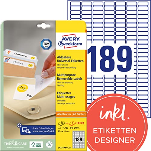 Avery Zweckform L4731REV-25 Universal Labels 25.4 x 10 mm / 25 Sheets / 4725 Labels/White