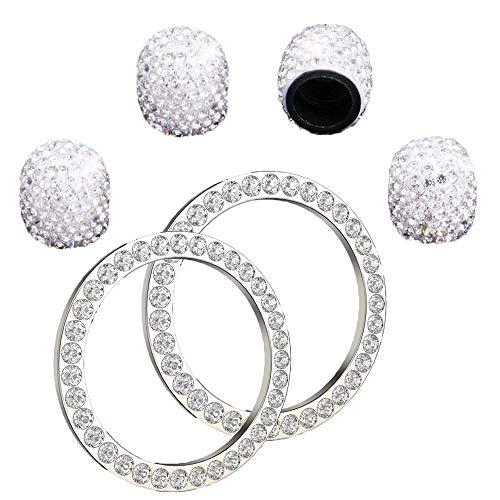 Anourney 4pcs White Crystal Rhinestone Universal Tire Valve Stem Caps Bling Car Accessories with 2Pcs Bling Crystal Rhinestone Ring Car Emblem Sticker for Engine Ignition Key Button AC Control Knobs