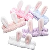 LOVEF 5Pcs Bunny Ear Cosmetic Headband Fashion Cute Fluffy Elastic Makeup Headband Hairband for Shower, Face Washing, Facial Mask, Spa, Cosplay, Party