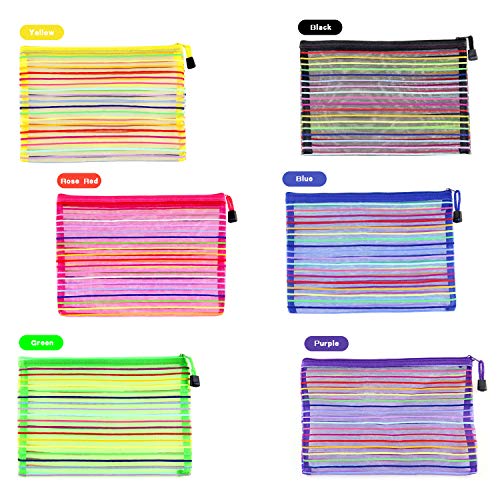 Zipper Mesh Pouch, 6 Pcs 6 Colors 9.8''x 7" Pencil Pen Document Bag Zipper File Bags Storage Pouch for Travel Cosmetics Makeup, Offices Supplies, Travel Accessories
