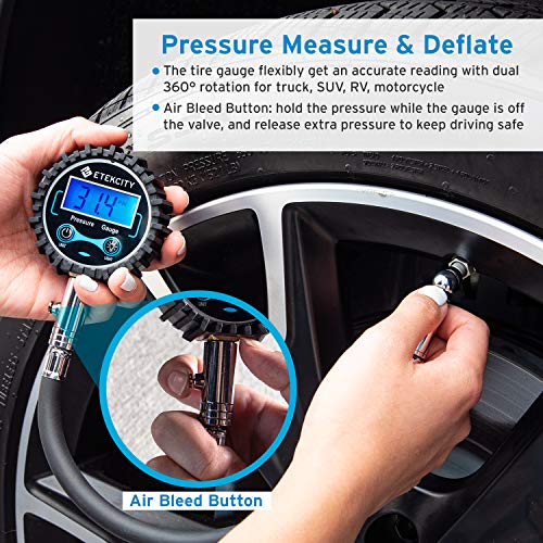 Etekcity GL-1099B Digital Tire Pressure Gauge 230 PSI with Backlit LCD, Air Bleed and Low Battery Indicator, Heavy Duty Measure Accuracy 0.1 Display Resolution for Truck, SUV, RV, Motorcycle - Thumbnail 2