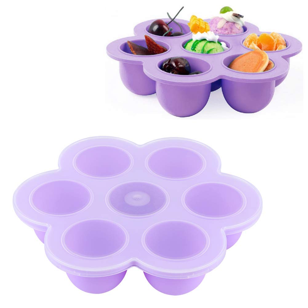 7 Cavities Ice Cube Mold Tray Silicone Baby Food Freezer Tray with Clip-on Lid (Purple)